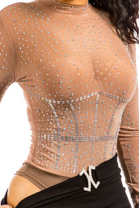 Taupe Rhinestone Corset Bodysuit