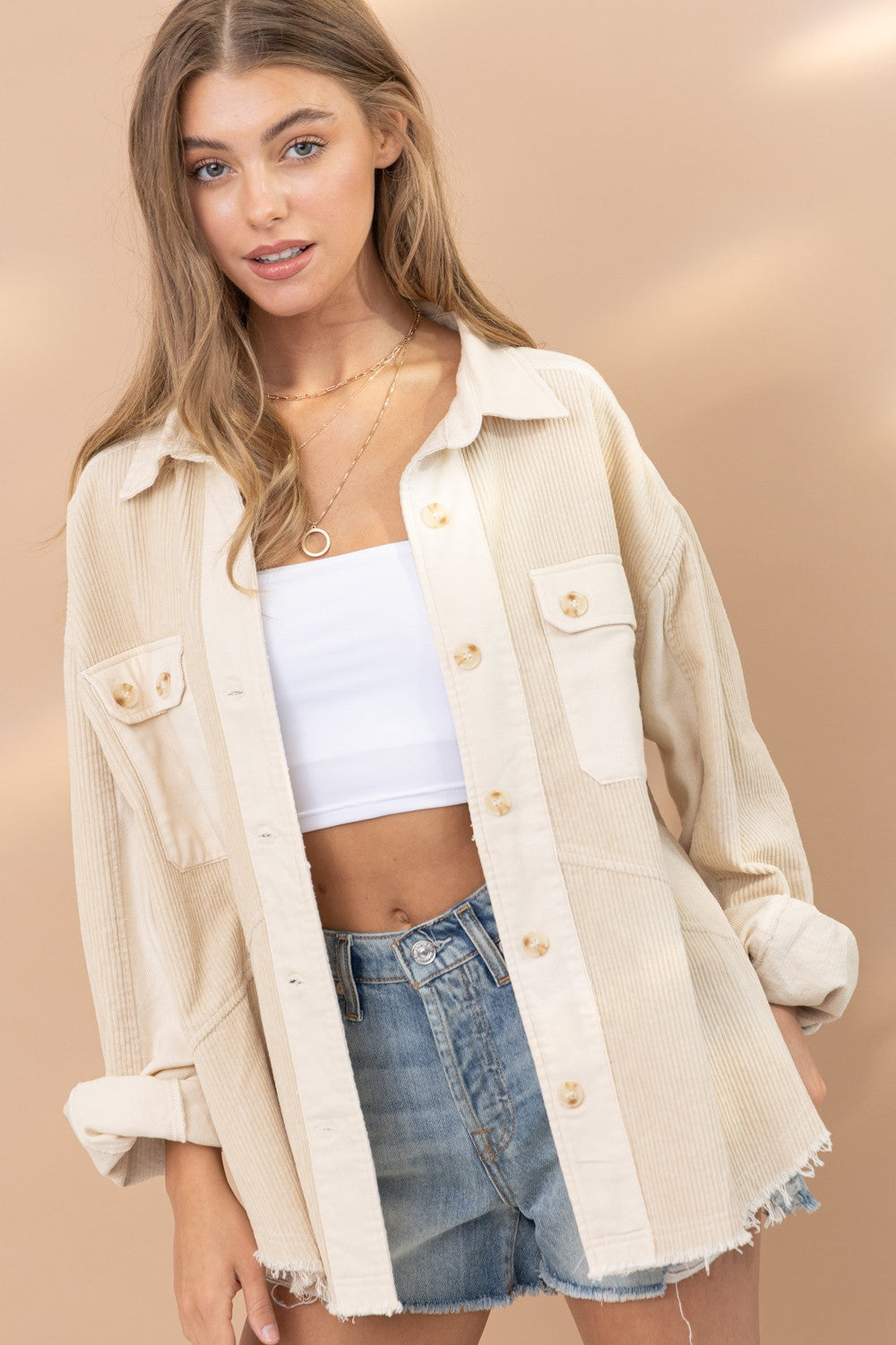 Beige Colorblock Corduroy Shacket