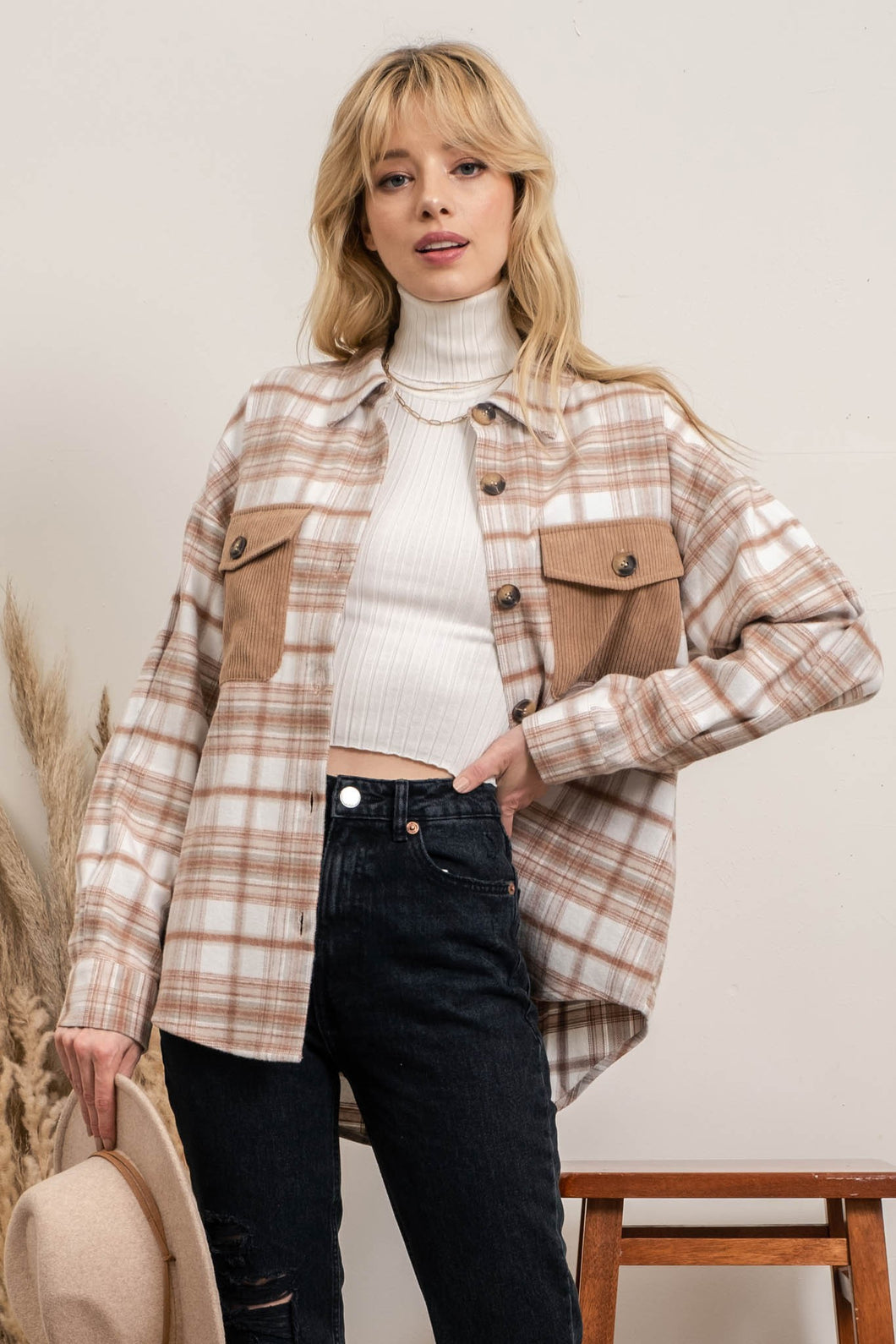 Brown Plaid Corduroy Pocket Shacket