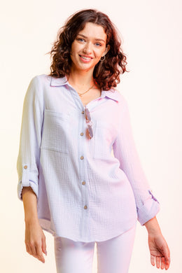 V-Neck Double Gauze Button Down