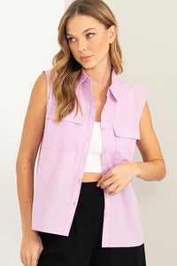 Pocket Front Button Sleeveless Blouse