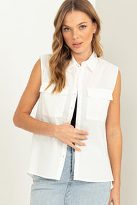 Pocket Front Button Sleeveless Blouse