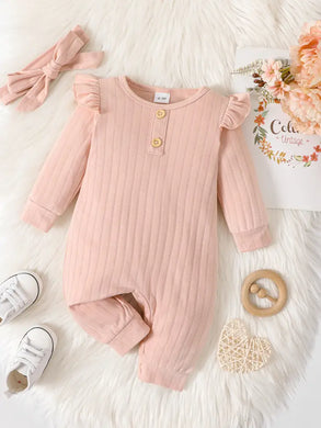 Textured Ruffled Pink Jumpsuit with Bow