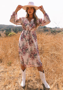 Floral Long Sleeve Tie Waist Midi