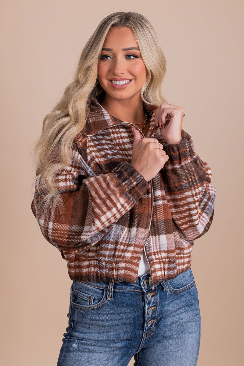 Brown Plaid Zip Jacket